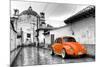 ¡Viva Mexico! B&W Collection - Orange VW Beetle Car in San Cristobal de Las Casas-Philippe Hugonnard-Mounted Photographic Print