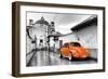 ¡Viva Mexico! B&W Collection - Orange VW Beetle Car in San Cristobal de Las Casas-Philippe Hugonnard-Framed Photographic Print