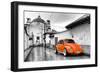¡Viva Mexico! B&W Collection - Orange VW Beetle Car in San Cristobal de Las Casas-Philippe Hugonnard-Framed Photographic Print