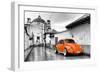 ¡Viva Mexico! B&W Collection - Orange VW Beetle Car in San Cristobal de Las Casas-Philippe Hugonnard-Framed Photographic Print