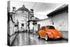 ¡Viva Mexico! B&W Collection - Orange VW Beetle Car in San Cristobal de Las Casas-Philippe Hugonnard-Stretched Canvas