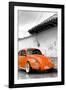 ¡Viva Mexico! B&W Collection - Orange VW Beetle in San Cristobal de Las Casas-Philippe Hugonnard-Framed Photographic Print