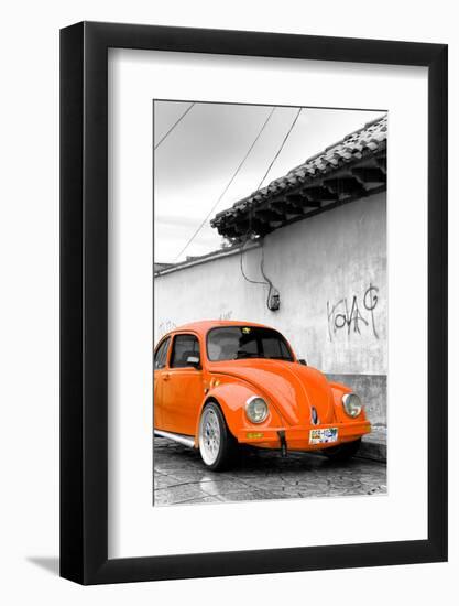 ¡Viva Mexico! B&W Collection - Orange VW Beetle in San Cristobal de Las Casas-Philippe Hugonnard-Framed Photographic Print