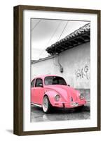 ¡Viva Mexico! B&W Collection - Pink VW Beetle in San Cristobal de Las Casas-Philippe Hugonnard-Framed Photographic Print