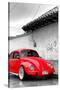 ¡Viva Mexico! B&W Collection - Red VW Beetle in San Cristobal de Las Casas-Philippe Hugonnard-Stretched Canvas