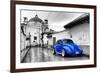 ¡Viva Mexico! B&W Collection - Royal Blue VW Beetle Car in San Cristobal de Las Casas-Philippe Hugonnard-Framed Photographic Print