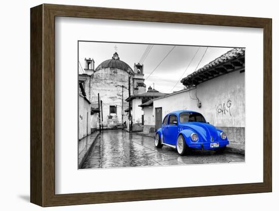 ¡Viva Mexico! B&W Collection - Royal Blue VW Beetle Car in San Cristobal de Las Casas-Philippe Hugonnard-Framed Photographic Print