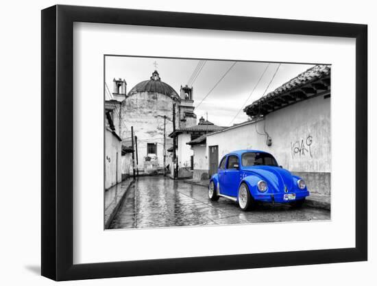 ¡Viva Mexico! B&W Collection - Royal Blue VW Beetle Car in San Cristobal de Las Casas-Philippe Hugonnard-Framed Photographic Print