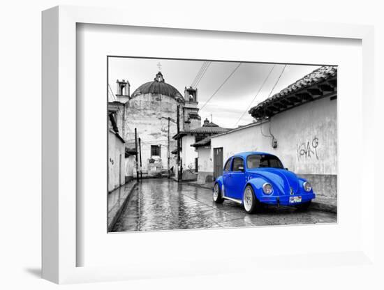 ¡Viva Mexico! B&W Collection - Royal Blue VW Beetle Car in San Cristobal de Las Casas-Philippe Hugonnard-Framed Photographic Print