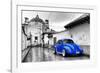 ¡Viva Mexico! B&W Collection - Royal Blue VW Beetle Car in San Cristobal de Las Casas-Philippe Hugonnard-Framed Photographic Print