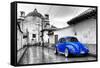 ¡Viva Mexico! B&W Collection - Royal Blue VW Beetle Car in San Cristobal de Las Casas-Philippe Hugonnard-Framed Stretched Canvas