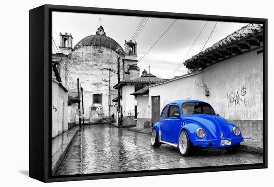 ¡Viva Mexico! B&W Collection - Royal Blue VW Beetle Car in San Cristobal de Las Casas-Philippe Hugonnard-Framed Stretched Canvas