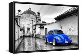 ¡Viva Mexico! B&W Collection - Royal Blue VW Beetle Car in San Cristobal de Las Casas-Philippe Hugonnard-Framed Stretched Canvas