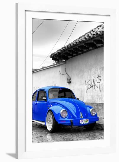 ¡Viva Mexico! B&W Collection - Royal Blue VW Beetle in San Cristobal de Las Casas-Philippe Hugonnard-Framed Photographic Print