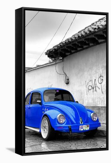 ¡Viva Mexico! B&W Collection - Royal Blue VW Beetle in San Cristobal de Las Casas-Philippe Hugonnard-Framed Stretched Canvas