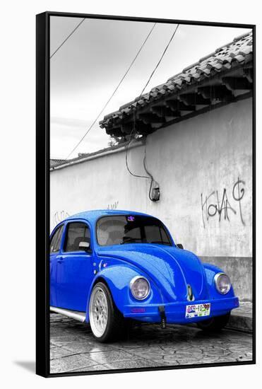 ¡Viva Mexico! B&W Collection - Royal Blue VW Beetle in San Cristobal de Las Casas-Philippe Hugonnard-Framed Stretched Canvas