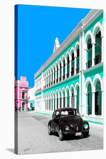 ¡Viva Mexico! Collection - Black VW Beetle and Coral Green Architecture - Campeche-Philippe Hugonnard-Stretched Canvas