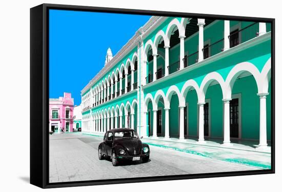 ¡Viva Mexico! Collection - Black VW Beetle and Coral Green Architecture in Campeche-Philippe Hugonnard-Framed Stretched Canvas