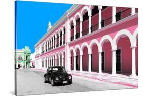 ¡Viva Mexico! Collection - Black VW Beetle and Pink Architecture in Campeche-Philippe Hugonnard-Stretched Canvas