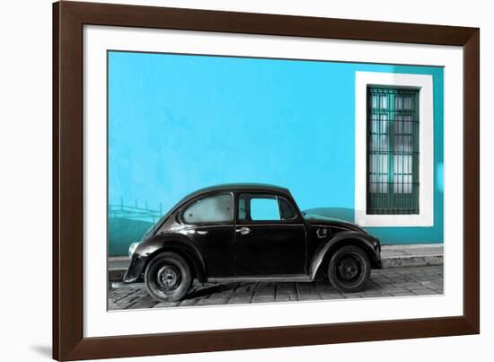 ¡Viva Mexico! Collection - Black VW Beetle Car with Blue Street Wall-Philippe Hugonnard-Framed Photographic Print