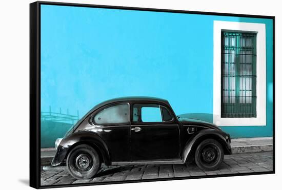 ¡Viva Mexico! Collection - Black VW Beetle Car with Blue Street Wall-Philippe Hugonnard-Framed Stretched Canvas