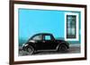 ¡Viva Mexico! Collection - Black VW Beetle Car with Blue Street Wall-Philippe Hugonnard-Framed Photographic Print