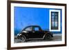 ¡Viva Mexico! Collection - Black VW Beetle Car with Dark Blue Street Wall-Philippe Hugonnard-Framed Photographic Print