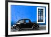 ¡Viva Mexico! Collection - Black VW Beetle Car with Dark Blue Street Wall-Philippe Hugonnard-Framed Photographic Print