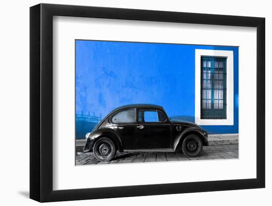 ¡Viva Mexico! Collection - Black VW Beetle Car with Dark Blue Street Wall-Philippe Hugonnard-Framed Photographic Print