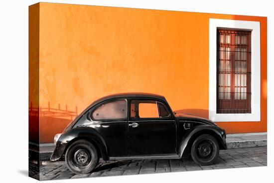 ¡Viva Mexico! Collection - Black VW Beetle Car with Orange Street Wall-Philippe Hugonnard-Stretched Canvas