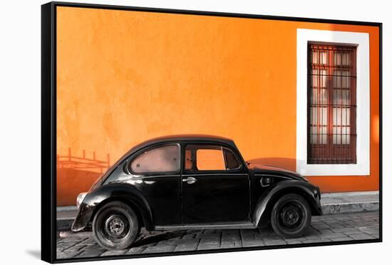 ¡Viva Mexico! Collection - Black VW Beetle Car with Orange Street Wall-Philippe Hugonnard-Framed Stretched Canvas