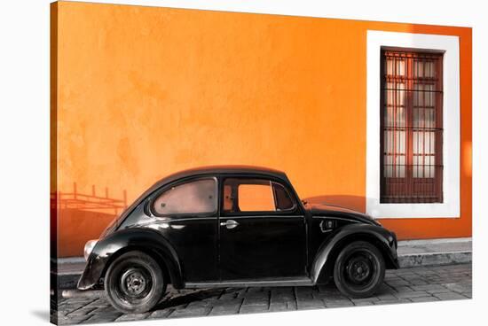 ¡Viva Mexico! Collection - Black VW Beetle Car with Orange Street Wall-Philippe Hugonnard-Stretched Canvas