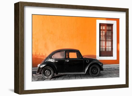 ¡Viva Mexico! Collection - Black VW Beetle Car with Orange Street Wall-Philippe Hugonnard-Framed Photographic Print