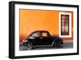 ¡Viva Mexico! Collection - Black VW Beetle Car with Orange Street Wall-Philippe Hugonnard-Framed Photographic Print