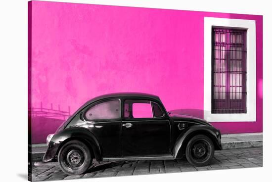 ¡Viva Mexico! Collection - Black VW Beetle Car with Pink Street Wall-Philippe Hugonnard-Stretched Canvas