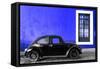 ¡Viva Mexico! Collection - Black VW Beetle Car with Royal Blue Street Wall-Philippe Hugonnard-Framed Stretched Canvas