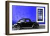 ¡Viva Mexico! Collection - Black VW Beetle Car with Royal Blue Street Wall-Philippe Hugonnard-Framed Photographic Print