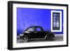 ¡Viva Mexico! Collection - Black VW Beetle Car with Royal Blue Street Wall-Philippe Hugonnard-Framed Photographic Print