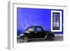 ¡Viva Mexico! Collection - Black VW Beetle Car with Royal Blue Street Wall-Philippe Hugonnard-Framed Photographic Print