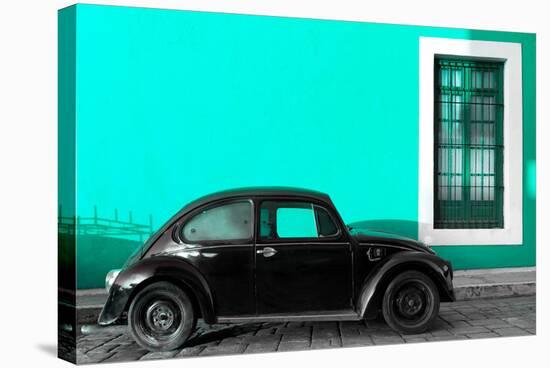 ¡Viva Mexico! Collection - Black VW Beetle Car with Turquoise Street Wall-Philippe Hugonnard-Stretched Canvas