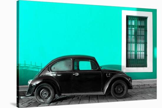 ¡Viva Mexico! Collection - Black VW Beetle Car with Turquoise Street Wall-Philippe Hugonnard-Stretched Canvas
