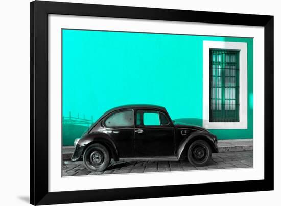 ¡Viva Mexico! Collection - Black VW Beetle Car with Turquoise Street Wall-Philippe Hugonnard-Framed Photographic Print