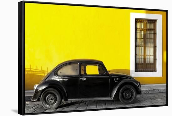 ¡Viva Mexico! Collection - Black VW Beetle Car with Yellow Street Wall-Philippe Hugonnard-Framed Stretched Canvas