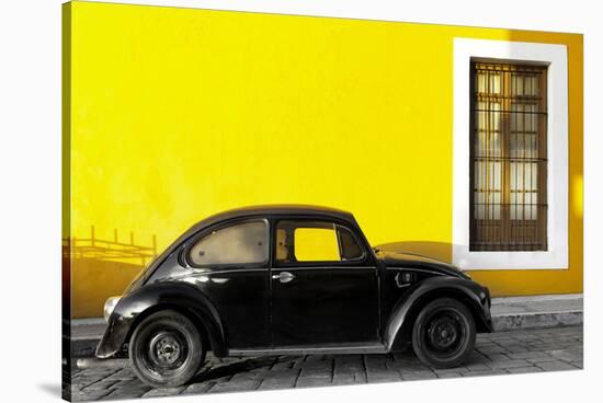¡Viva Mexico! Collection - Black VW Beetle Car with Yellow Street Wall-Philippe Hugonnard-Stretched Canvas