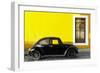 ¡Viva Mexico! Collection - Black VW Beetle Car with Yellow Street Wall-Philippe Hugonnard-Framed Photographic Print