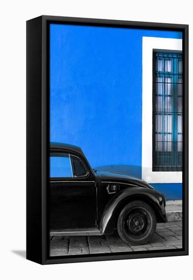 ¡Viva Mexico! Collection - Black VW Beetle with Dark Blue Street Wall-Philippe Hugonnard-Framed Stretched Canvas