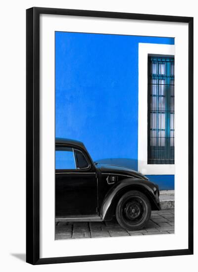 ¡Viva Mexico! Collection - Black VW Beetle with Dark Blue Street Wall-Philippe Hugonnard-Framed Photographic Print