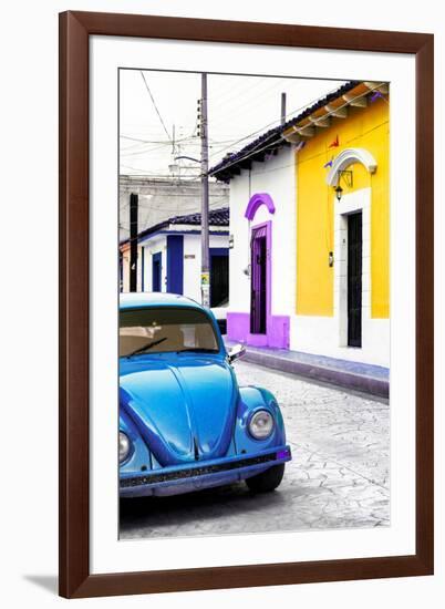 ¡Viva Mexico! Collection - Blue VW Beetle Car and Colorful Houses II-Philippe Hugonnard-Framed Photographic Print