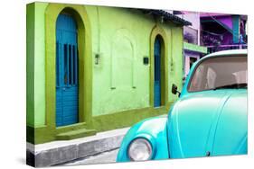 ¡Viva Mexico! Collection - Light Blue VW Beetle Car and Colorful House-Philippe Hugonnard-Stretched Canvas