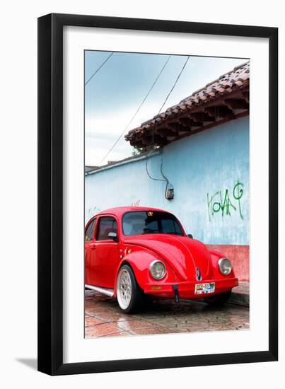 ¡Viva Mexico! Collection - Red VW Beetle Car on a street in San Cristobal II-Philippe Hugonnard-Framed Photographic Print